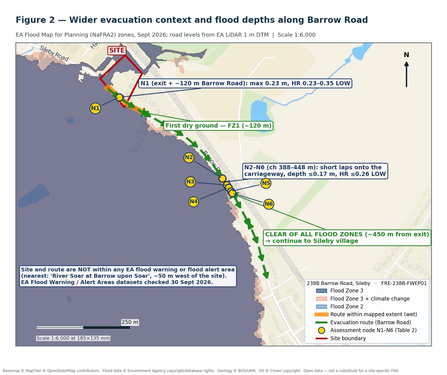 Wider map of the evacuation route along Barrow Road towards Sileby village with assessment nodes N1 to N6 and the point where the route clears all mapped flood zones