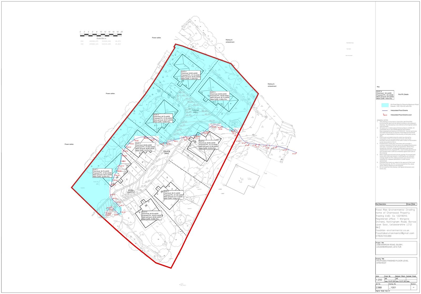 FRE drawing 238B_1001 Proposed Finished Floor Level Strategy showing the mapped flood extent overlaid on the topographical survey with interpolated flood levels and a finished floor level scheduled for each of the eight plots