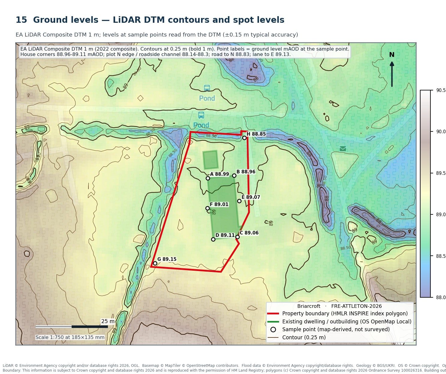 LiDAR digital terrain model contours and spot levels around the Suffolk property showing the flat plateau and the ditches on three sides