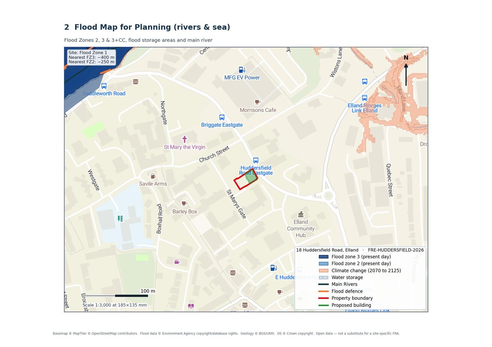 FRE plan of the Environment Agency Flood Map for Planning around the Elland site showing Flood Zone 1 at the site and the River Calder floodplain to the north-west