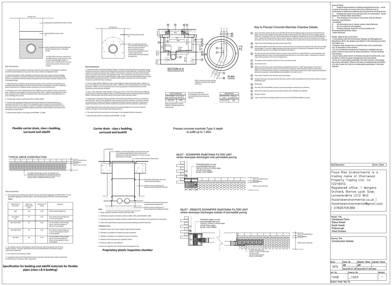 FRE construction details sheet 1048_1002 for the permeable paving, flow control chamber, headwall and pipework
