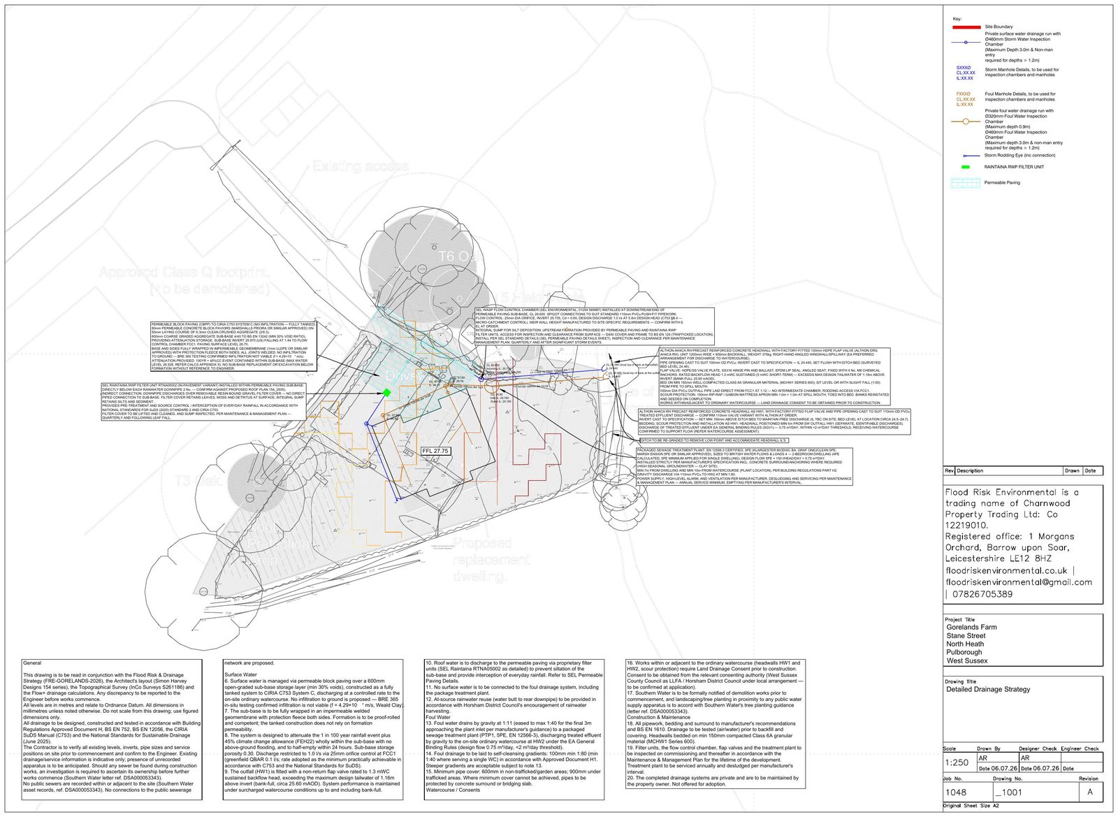 FRE drainage strategy drawing 1048_1001 for the replacement dwelling showing the tanked permeable paving, flow control chamber, outfall headwall, catchment areas, exceedance routing and package treatment plant