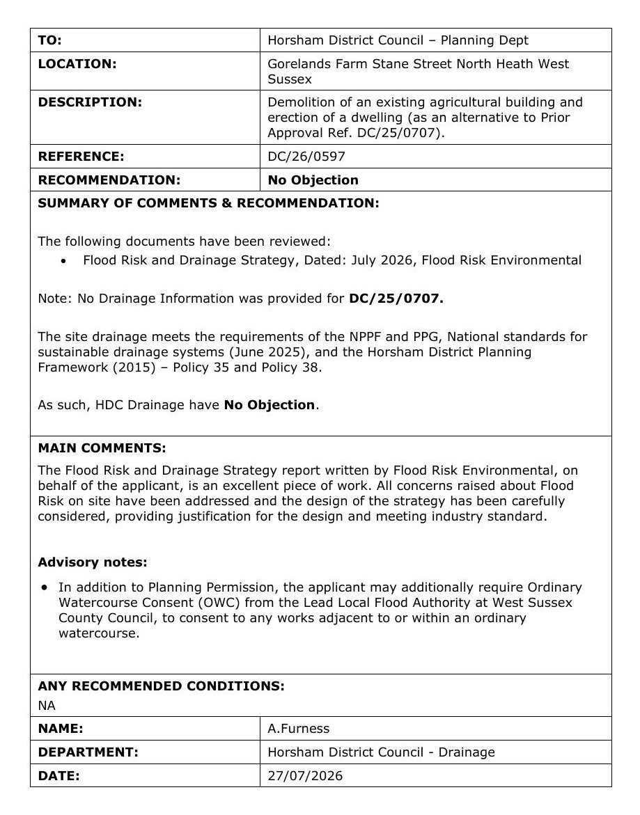 Horsham District Council drainage consultee response for DC/26/0597 recommending no objection and describing the Flood Risk and Drainage Strategy as an excellent piece of work