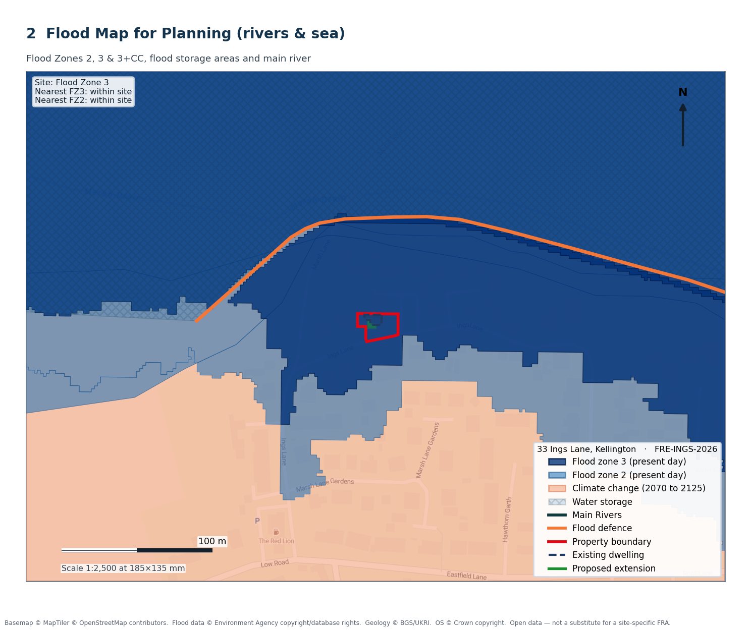 FRE plan of the Environment Agency Flood Map for Planning around the Kellington site showing Flood Zone 3, the climate change extent and the River Aire embankment