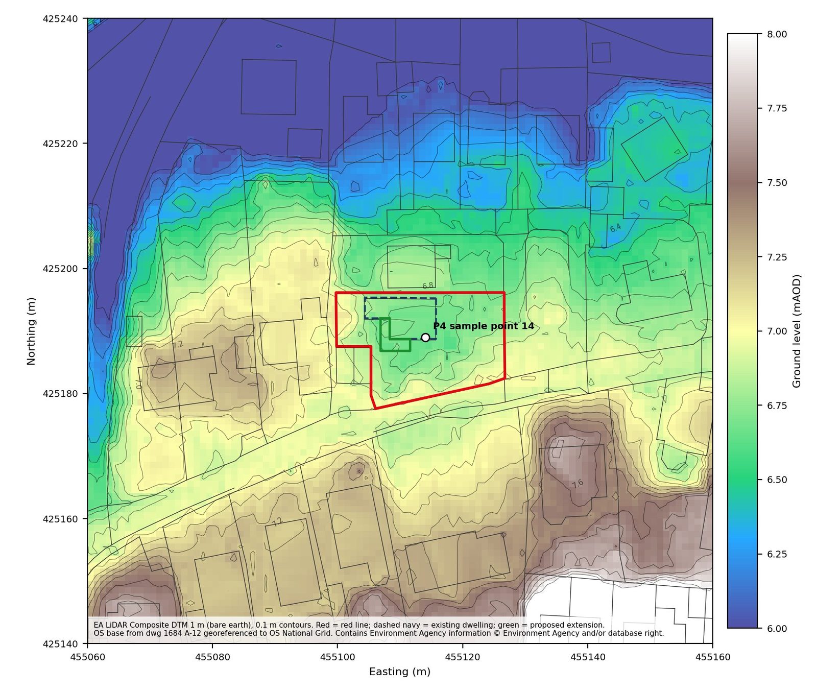 LiDAR terrain map of the Kellington site and surroundings showing the low-lying property relative to the raised River Aire embankment to the north